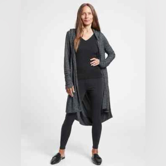 Athleta Harmony Wrap Cardigan Medium Petite Dark Gray Hooded Open Front Duster - Picture 3 of 13